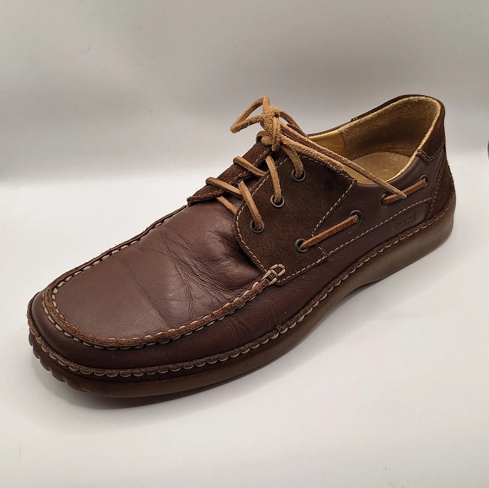 Men's ECCO 10/10.5 Brown Leather Boat Shoes - Classic Lace-Up